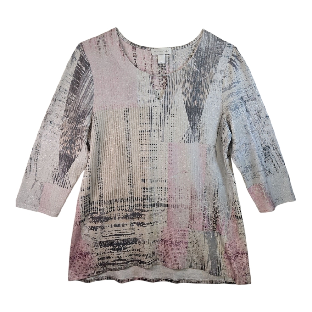 Christopher & Banks Key Hole Neck 3/4 Sleeve Silver & Pink Tunic Size L